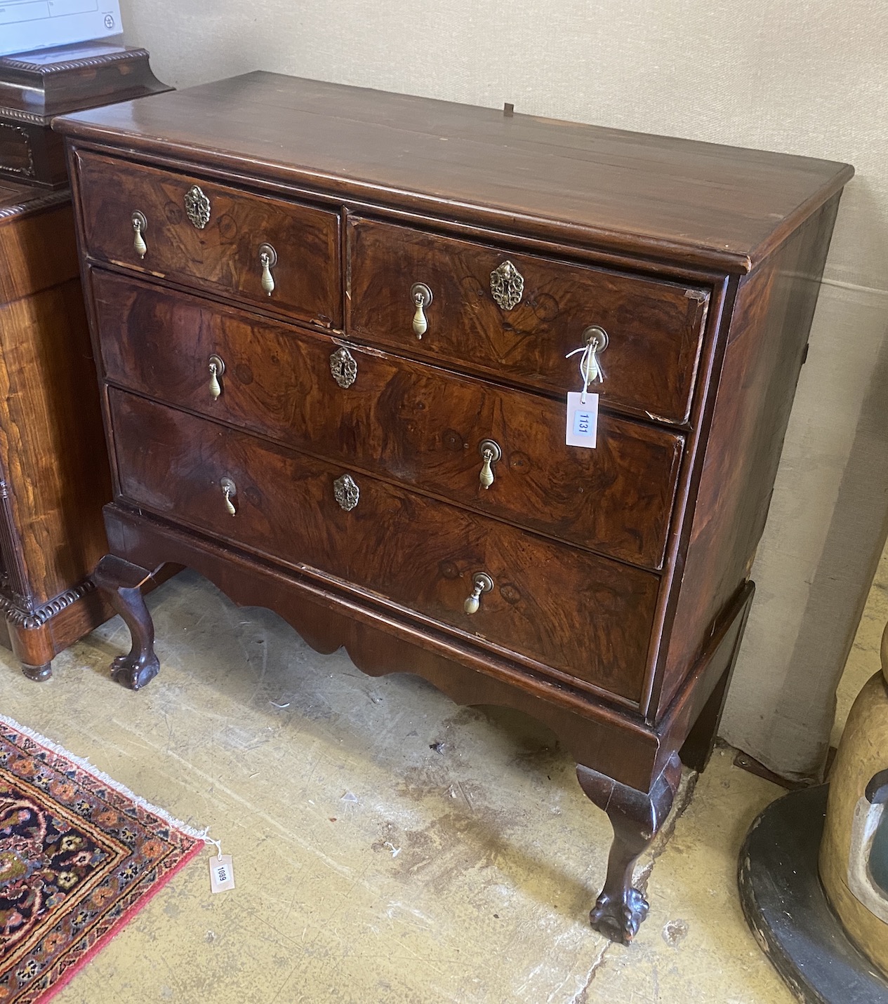 An 18th century banded walnut chest on associated stand, width 108cm, depth 45cm, height 106cm